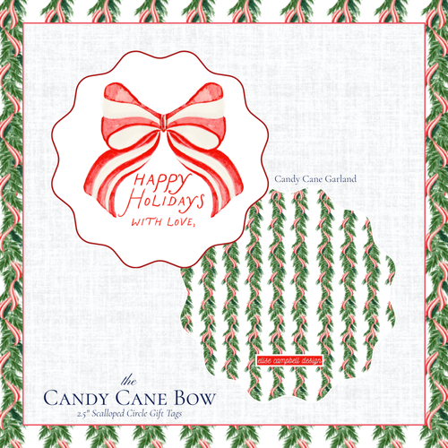 Load image 1 in gallery view. Candy Cane Bow Gift Tag - Scalloped Circle